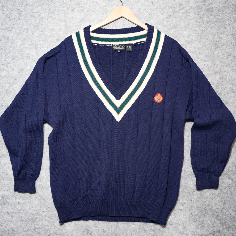 VTG Varsity Sweater Graphix 2X Navy V Neck Preppy Tennis Cable Knit Grandpacore
